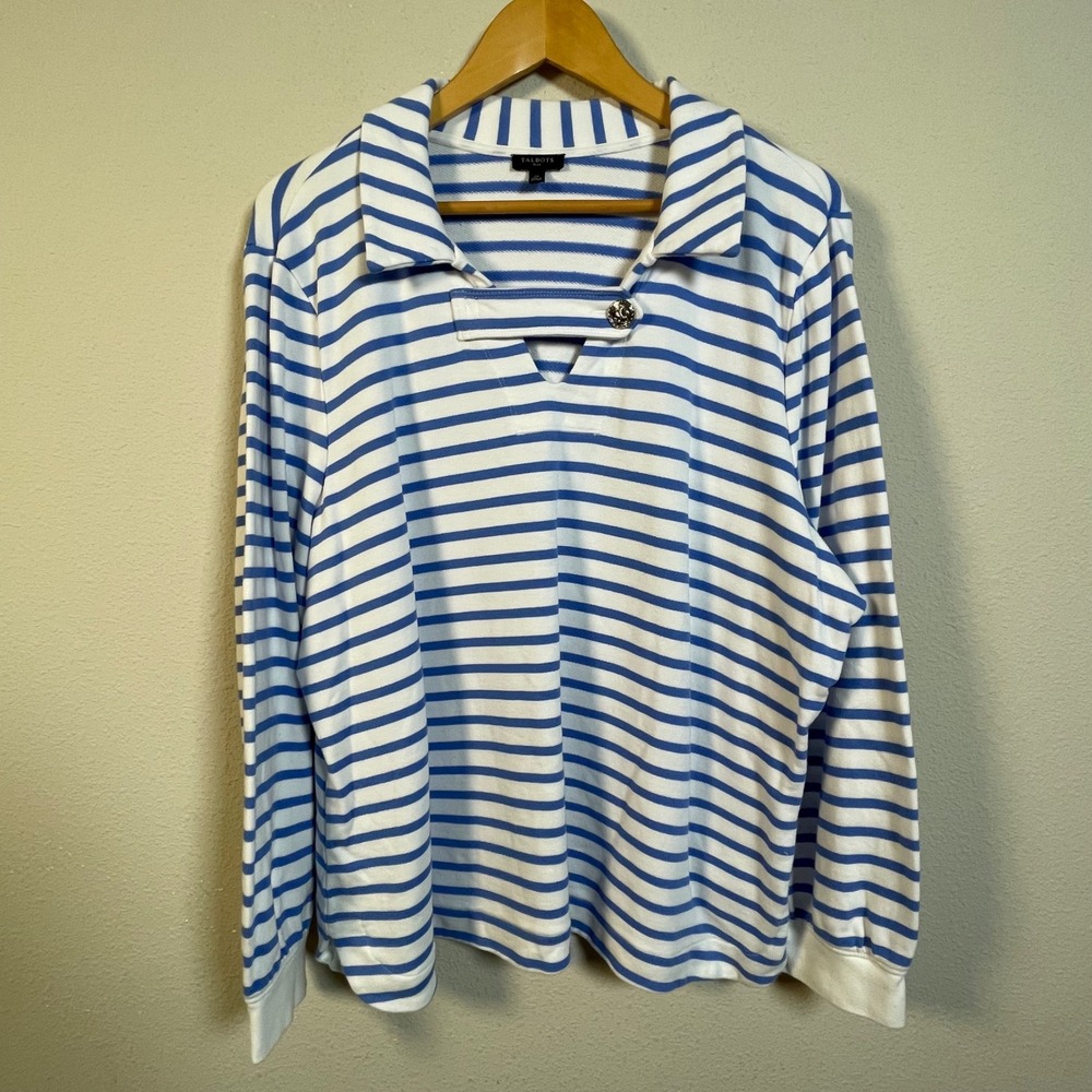 Talbots Striped Pullover Shirt Womens 2X Blue White Nautical Anchor Yacht Club